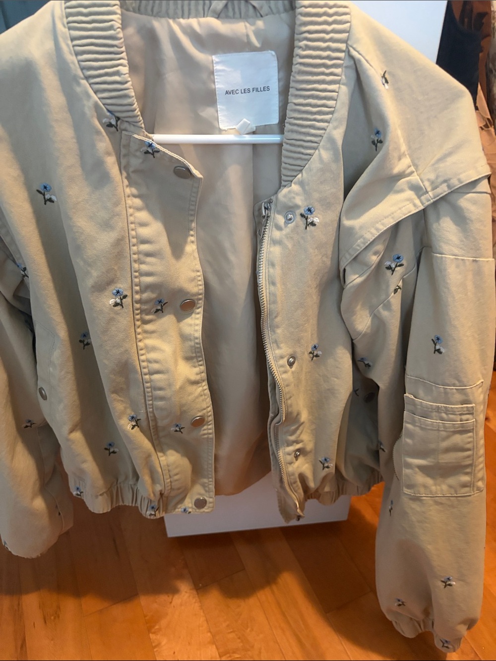 Avec Les Filles Light Beige Bomber Jacket with Blue Floral Embroidery